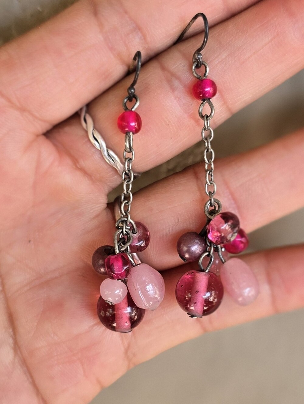 Handmade dangling 925 sterling silver pink and mauve glass and stone earrings